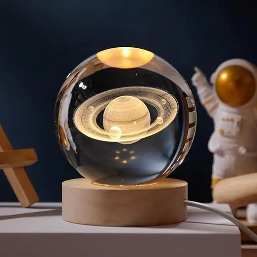 3D Solar System Glass Lamp – LED Touch Moon Light with Base, Colorful Planet Decor for Living Room
